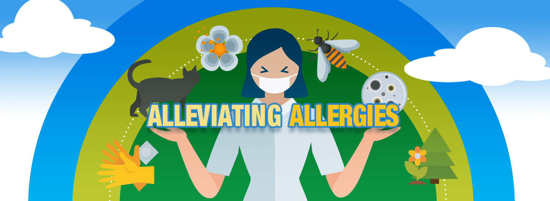 Graphic for preventive medicine in regards to allergies, shows various allergy inducing elements as icons